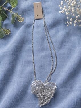Silver Tone Wire Heart Pendant Necklace Abstract Artisan Statement